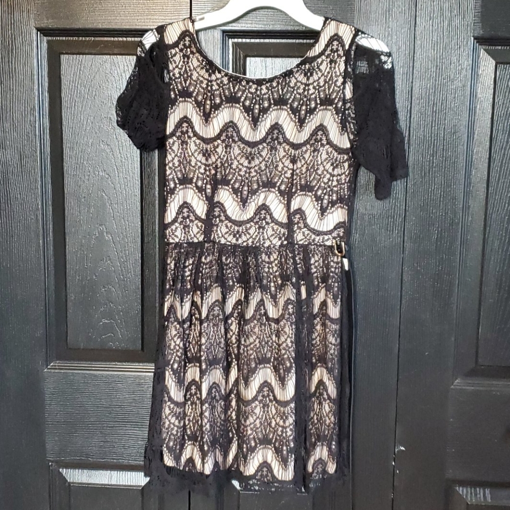 Black lace overlay dress with belt